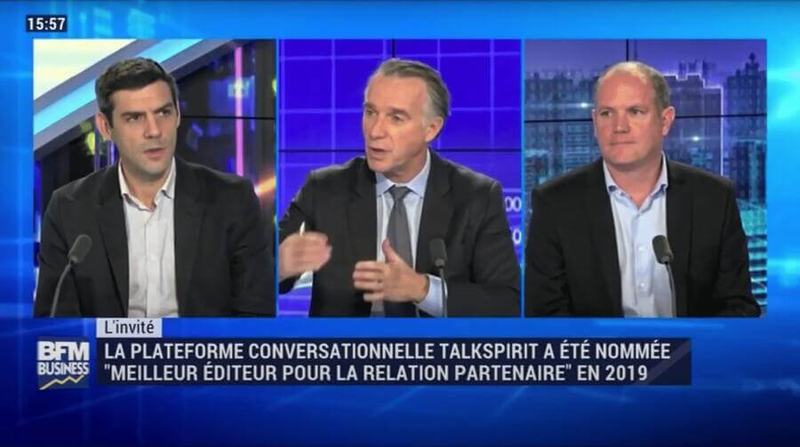 Philippe Pinault (CEO de Talkspirit) et Xavier Niss (directeur national des ventes de Eckes-Granini) discutent réseaux sociaux d'entreprise sur le plateau de BFM Business