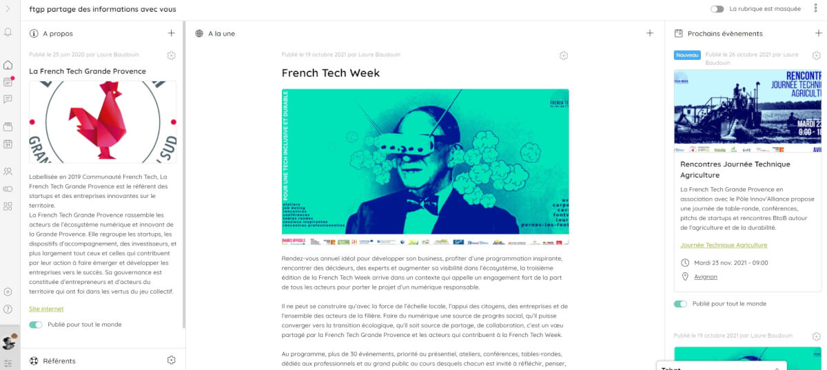 Page d'accueil de la plateforme Talkspirit de la French Tech Grande Provence mettant en avant les actualités des startups