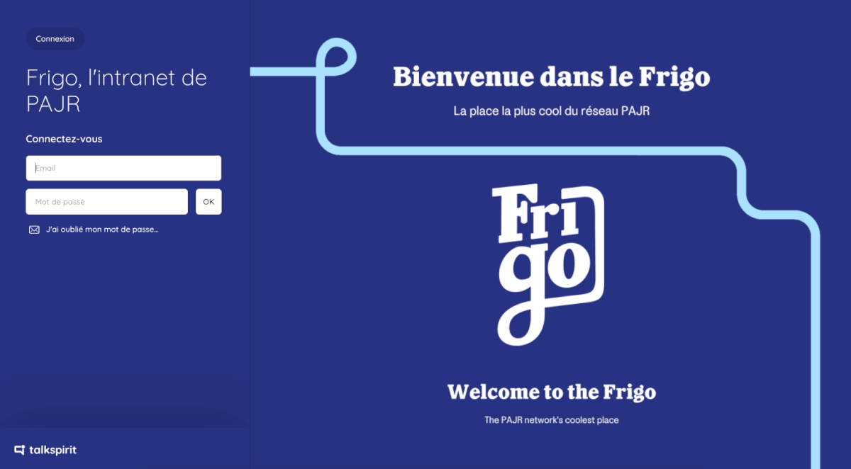 Page de connexion à Frigo, la plateforme Talkspirit de Place aux jeunes en région