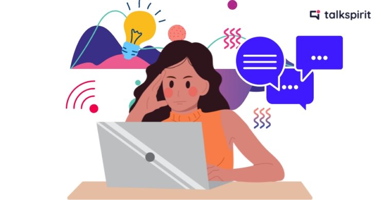 Illustration graphique d'une femme travaillant avec un ordinateur entouré de plusieurs notifications