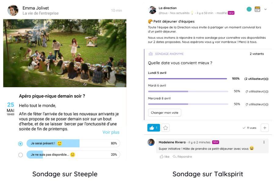 Exemple de sondage sur Steeple et Talkspirit, une alternative à Steeple
