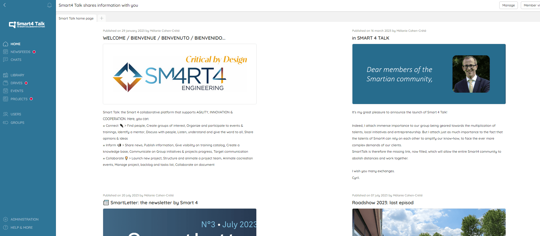 Page d'accueil de la plateforme Talkspirit de Smart4 Engineering