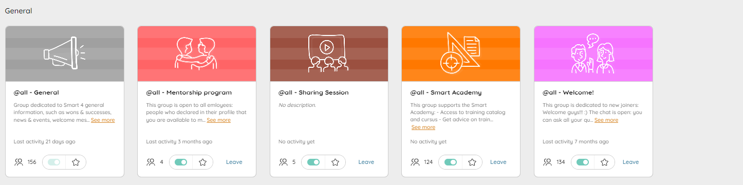 Exemples de groupes créés sur la plateforme Talkspirit de Smart4 Engineering pour partager de l'information