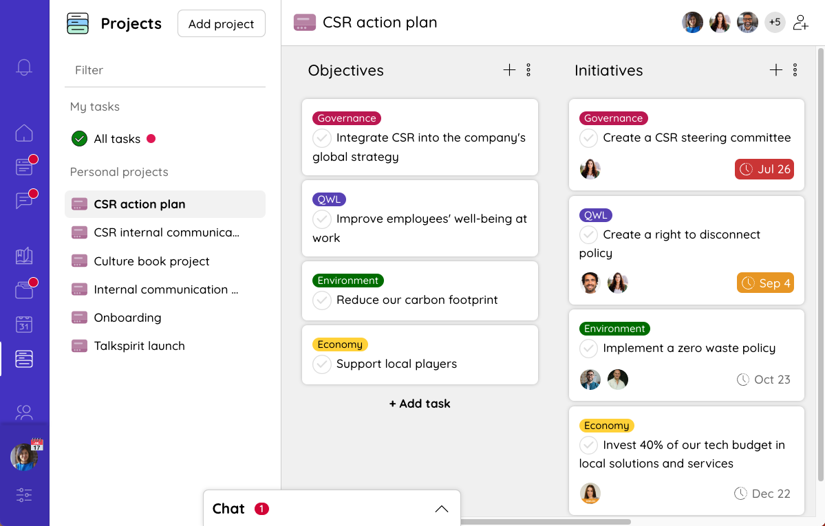 Example of a CSR internal communication action plan on Talkspirit's Project module