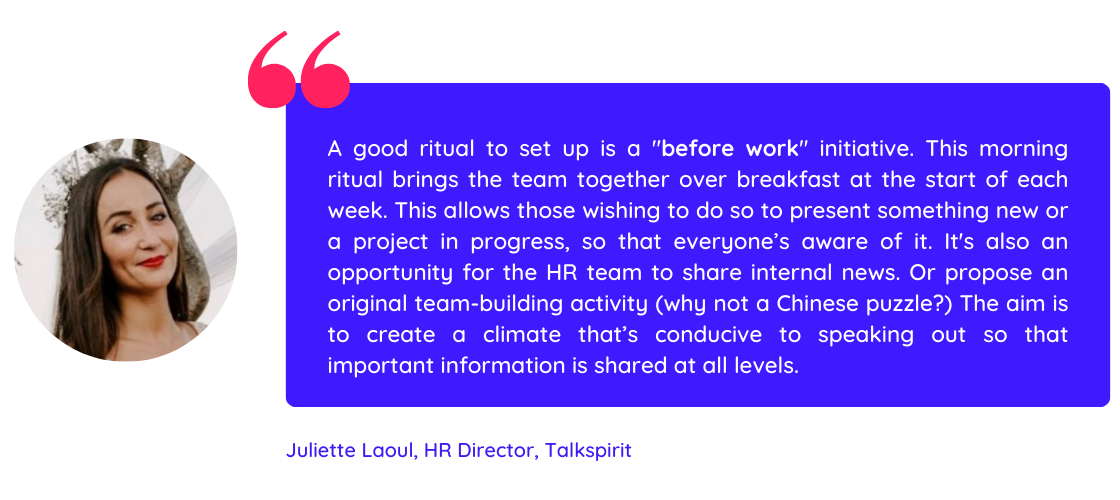 Quote of Juliette Laoul about the before work initiative, and how it can improve psychological safety in the workplace