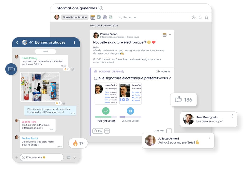 Visuel qui montre comment Talkspirit améliore la collaboration, qui est l'un des arguments pour mettre en place un réseau social d'entreprise