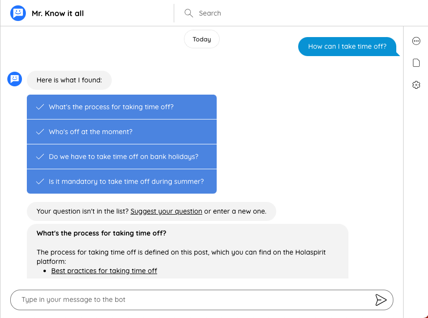 Asking questions to Talkspirit's FAQ chatbot, a tool that can help accelerate HR digital transformation