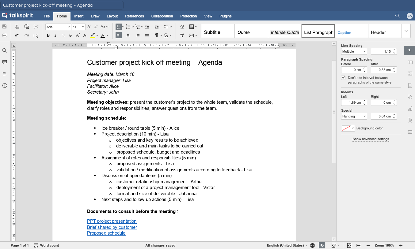 Example of an agenda created on Talkspirit for leading a project meeting