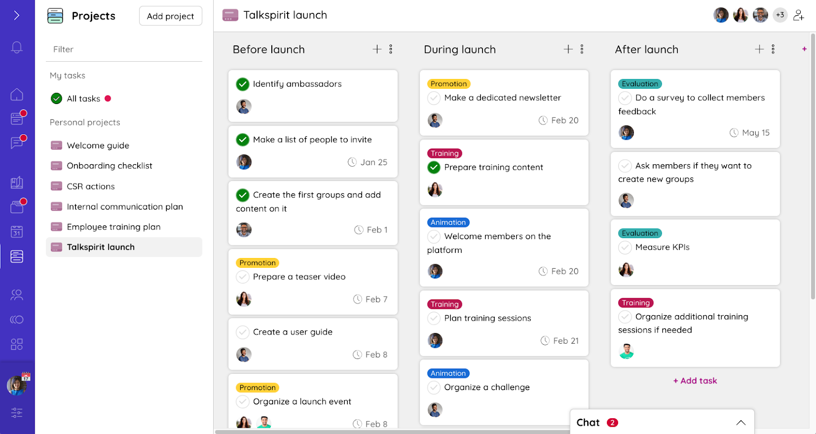 Creating a project board on Talkspirit's digital workplace