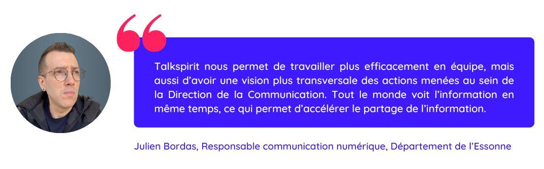 Citation de Julien Bordas du Département de l'Essonne, un des exemples de collectivités ayant mis en place une plateforme collaborative