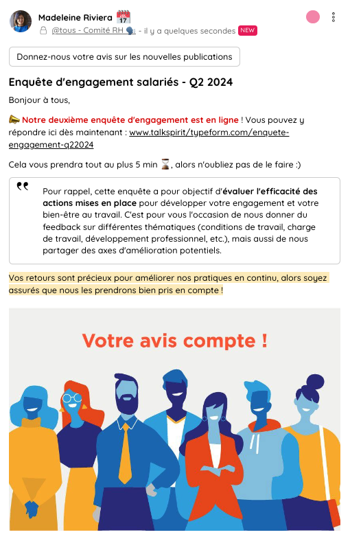 Publication sur le fil d'actualités Talkspirit pour mesurer les KPIs de la communication interne grâce à un sondage