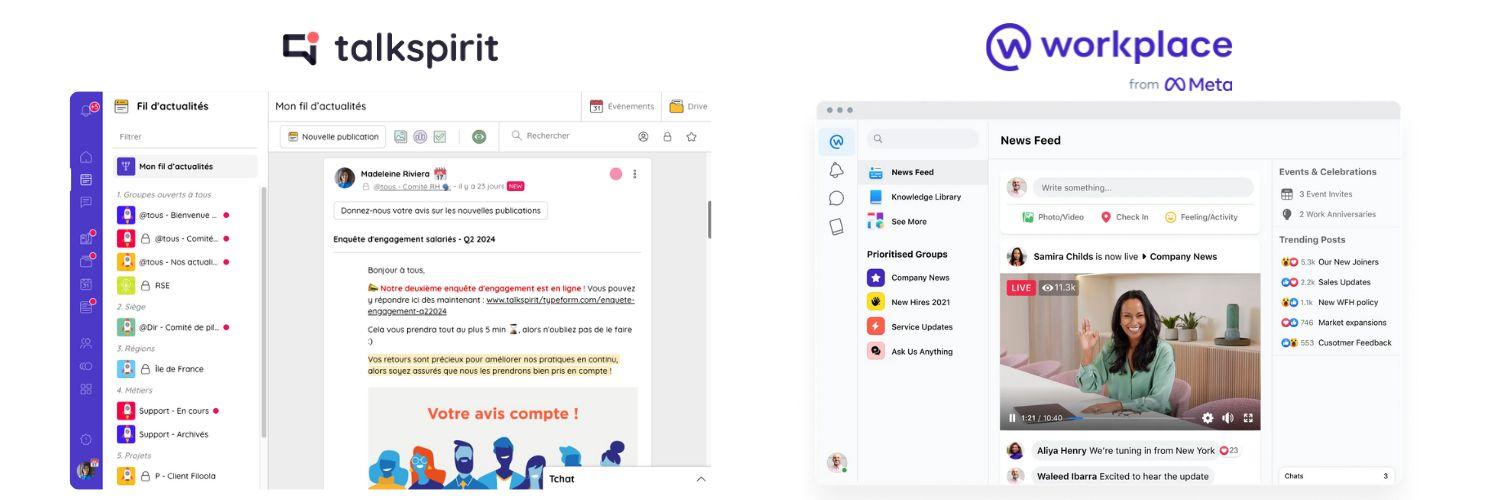 Comparison of Talkspirit and Workplace from Meta newsfeed side by side