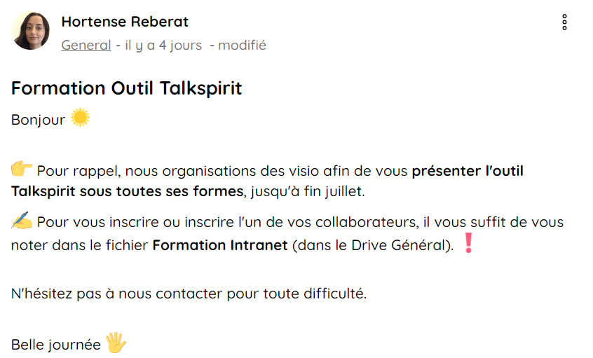 Exemple sur Talkspirit