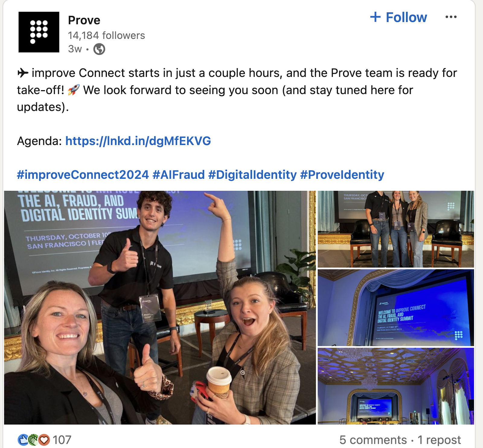 LinkedIn post published by Prove to highlight their annual summit 