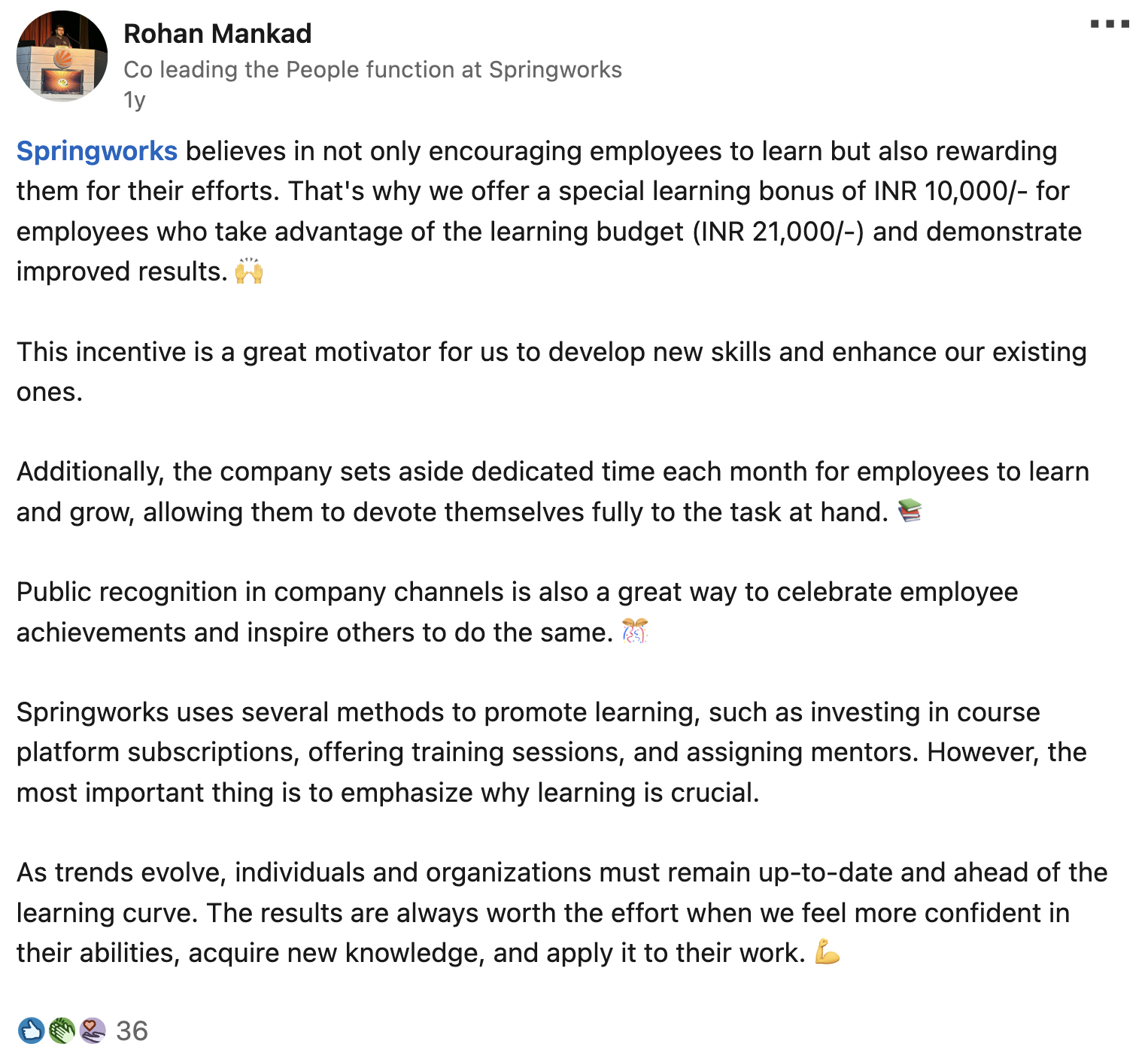 LinkedIn post by Springworks that shows the company's investments on learning & development in order to fight against boreout at work